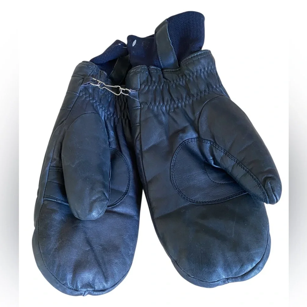 VINTAGE SARAMAC INSULATED BLUE LEATHER SKI MITTENS. One Size Fits up to Size XL